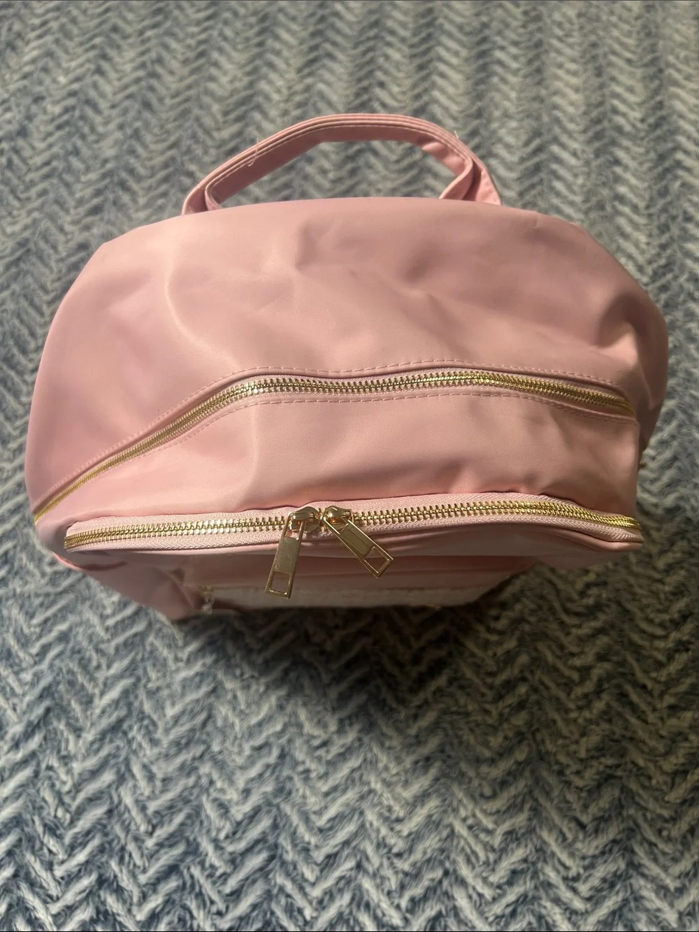 Pink Coquette-Style Backpack with Tweed Patteren and Gold Bow Accents